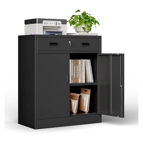 Metal Storage Cabinet, Locking Storage Cabinet with Doors and 1 Drawer, 36" H x 28" W x 16" D Metal Cabinets for Office/Home/Garage -Black