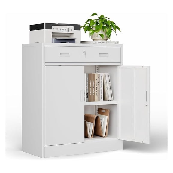 Metal Storage Cabinet, Locking Storage Cabinet with Doors and 1 Drawer, 36" H x 28" W x 16" D Metal Cabinets for Office/Home/Garage -White