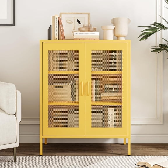 Elegant 40''H Metal Storage Cabinet with Mesh Doors,Steel Display Cabinet with Adjustable Shelves,Metal Office Storage Locker for Home Office,Yellow