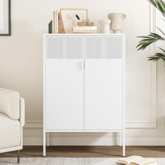 Metal Storage Cabinet,Metal Locker Storage Cabinet with Doors and Shelves,3-Tier Storage Cabinet,Metal Sideboard for Home, Office, Kitche,Entryway.Display,Liquor(White)