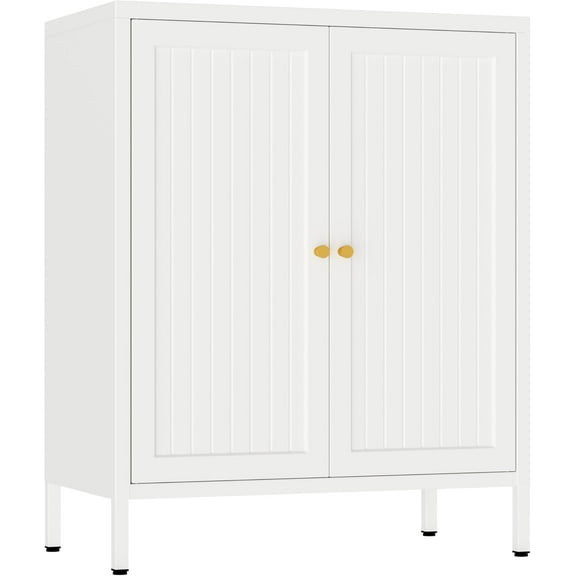 Metal Storage Cabinet, Metal Sideboard Cabinets with 1 Adjustable Shelves & Double Doors, Modern Storage Freestanding Organizer Cabinet for Living Room, Home Office, Dining Room, White