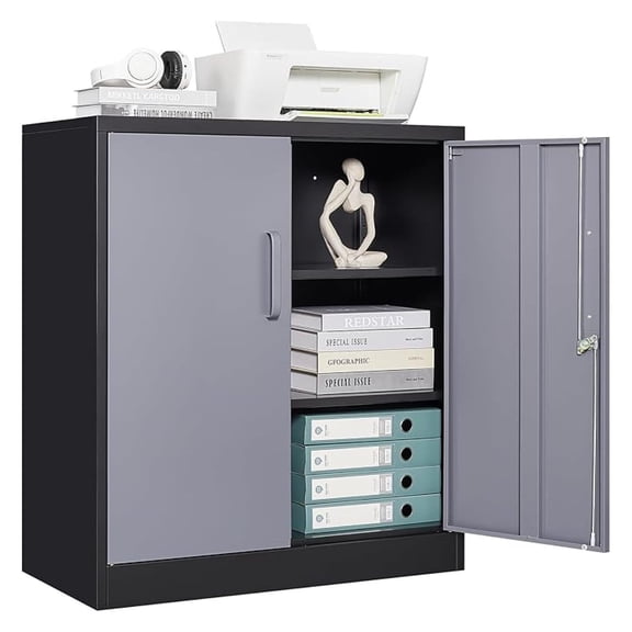Metal Storage Cabinet, Storage Cabinet with 2 Doors and Shelves, Metal Cabinet with Lock, Small Lockable Cabinet for Home Office (Black Grey)