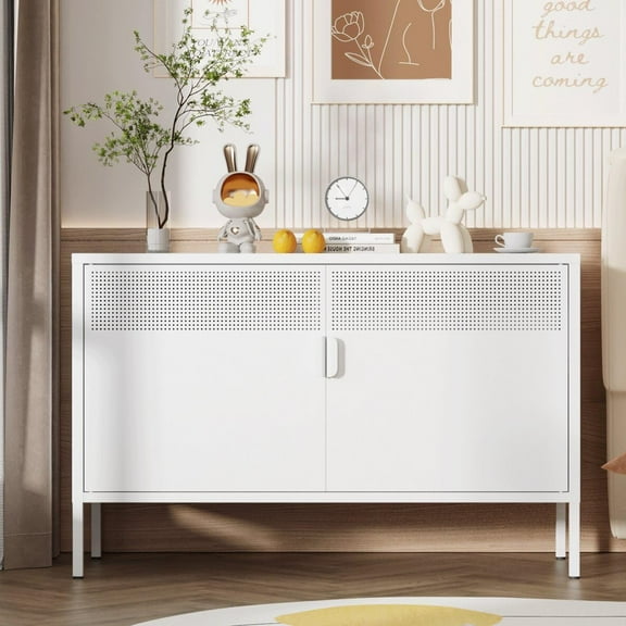 Metal Storage Cabinet, TV Stand, Metal Mesh Accent Cabinet, Magnetic Door Closure, Low Storage Cabinets with Doors and Shelf for Home, Office, Living Room