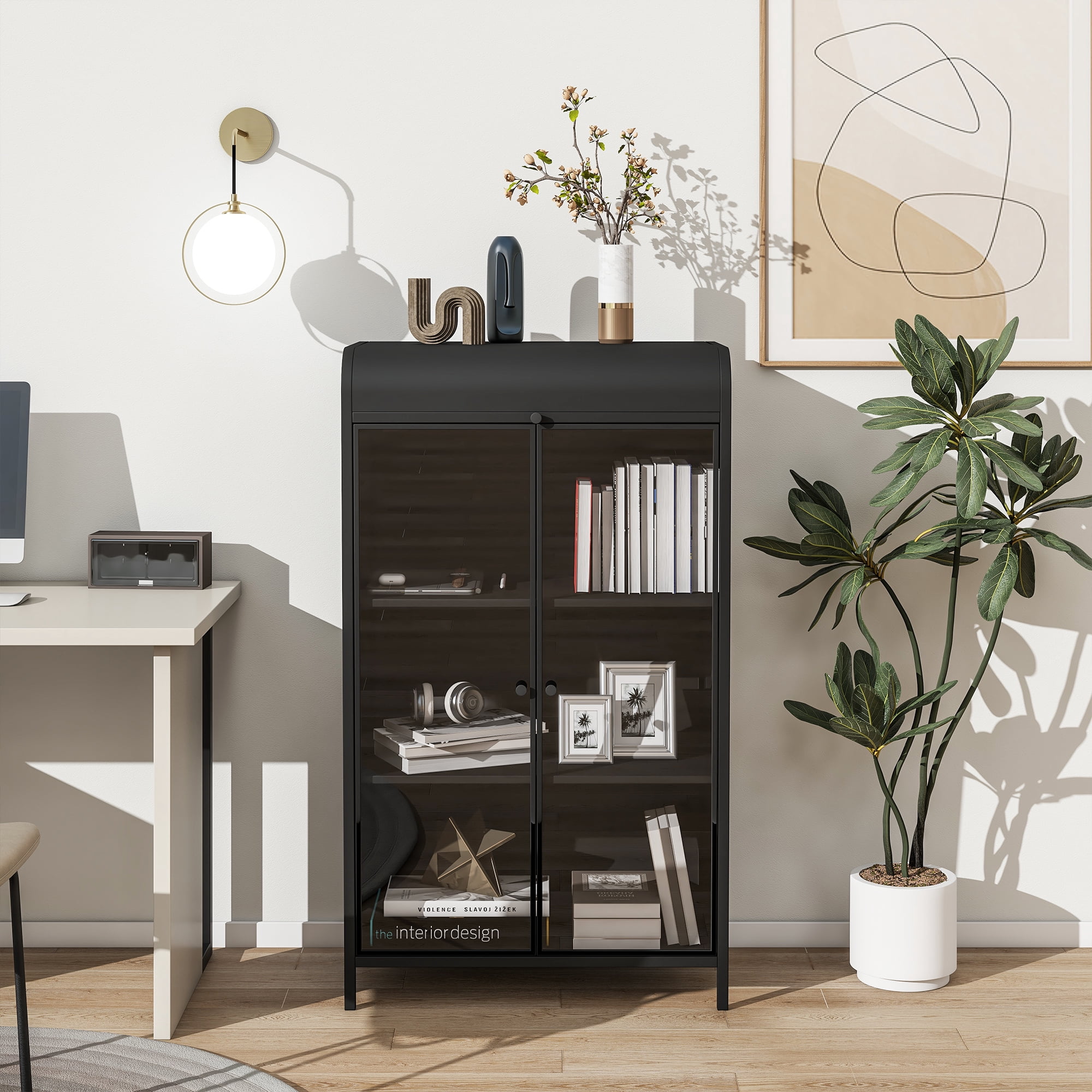 Metal Storage Cabinet, Tempered Glass Doors, Fixed Shelves, Flip-Top Lid, Industrial Design