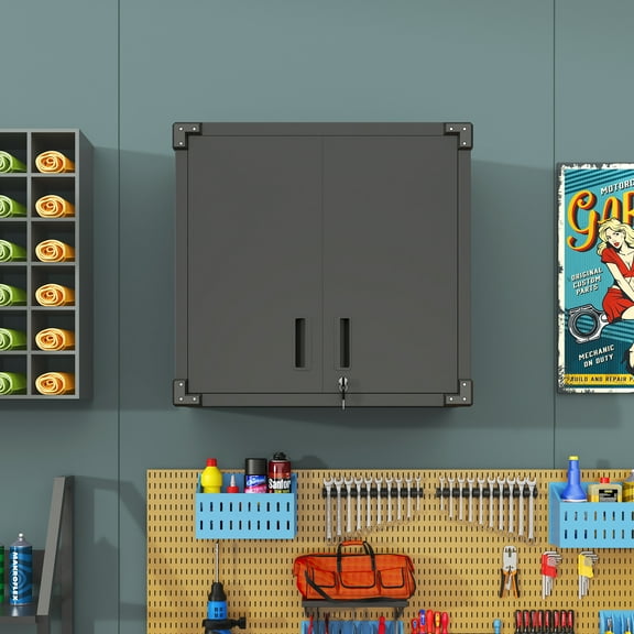 Metal Storage Cabinet, Wall-Mounted Hanging Storage Cabinet with Lockable 2 Doors And 1 Open Drawer, Adjustable Shelf, Floating Wall Cabinet For Garage