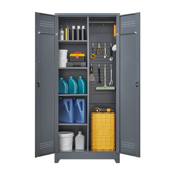 Metal Storage Cabinet Wardrobe With Locking Doors, 4 Adjustable Shelves, Removable Hanging Rods, 73" Metal Lockable File Cabinet For Office Garage Kitchen