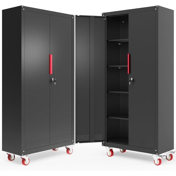 Metal Storage Cabinet with Wheels,71" Garage Cabinets with 4 Adjustable Shelves and Lockable Doors,Black Locking Cabinet Suitable for Garages,Home,Office