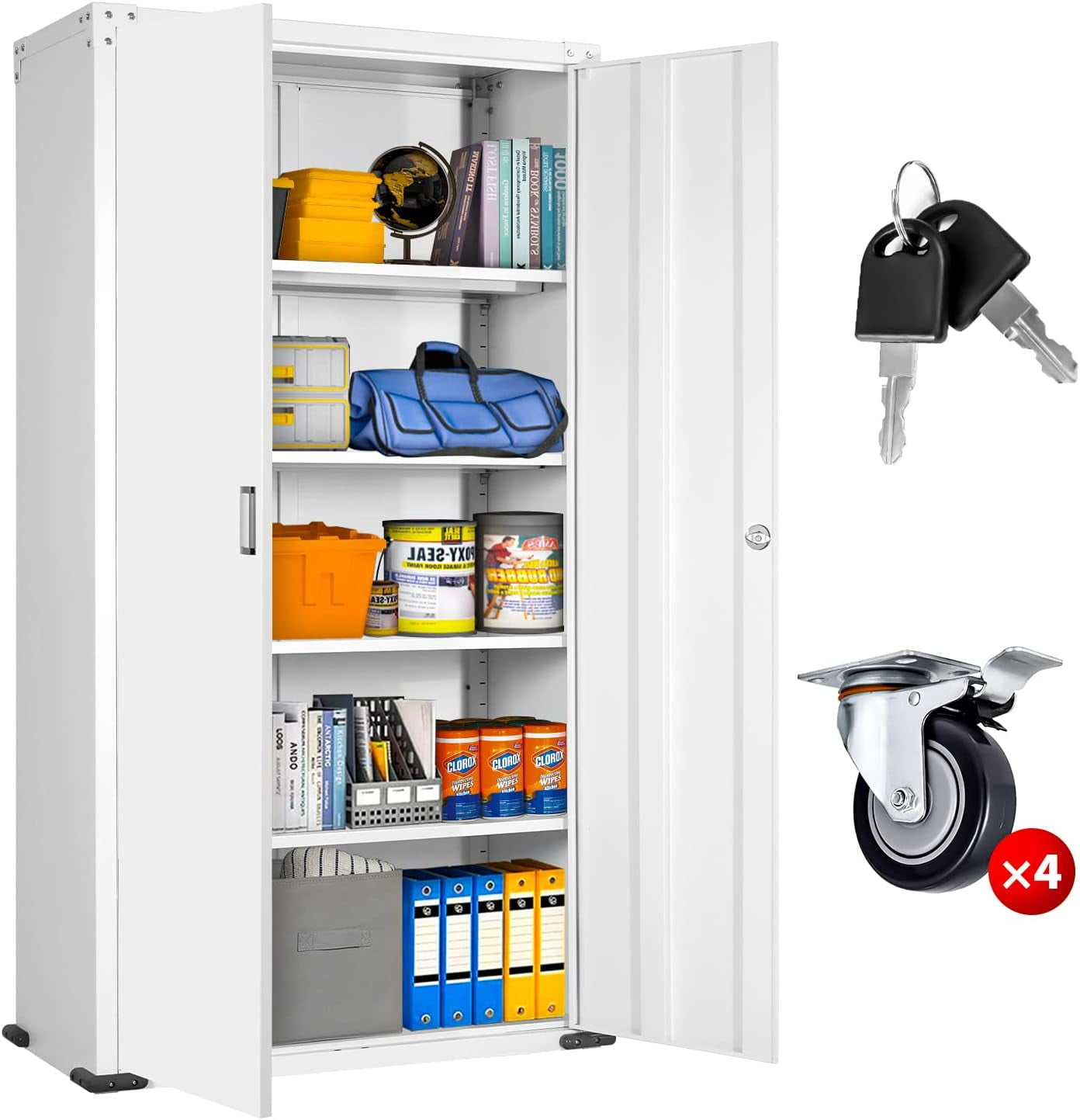Metal Storage with Wheels, 75" Locking Storage with Door and 4 Shelves, Tool