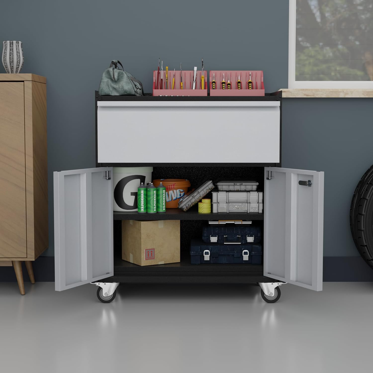 Metal Storage Cabinet With Wheels Locking Garage Storage Cabinet With 1 Drawer And 2 Doors 2934