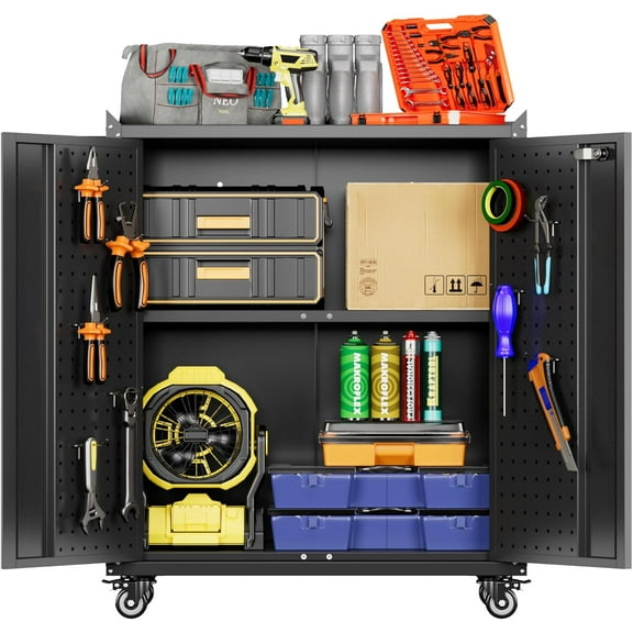 Metal Storage Cabinet with Wheels and Pegboard,Rolling Tool Storage Cabinet with Handle and Adjustable Shelves for Garage,Home,Office,Gym,School,Assembly Required,Black