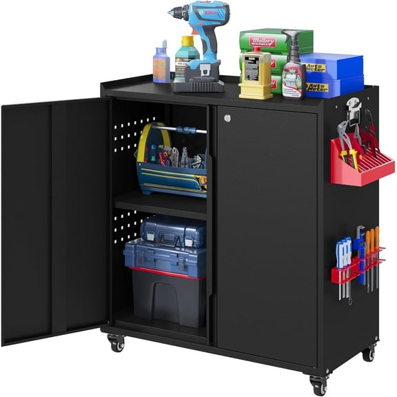Metal Storage Cabinet with Wheels,Rolling Tool Cabinet with Doors and Adjustable Shelves,Heavy Duty Garage Storage Cabinet,Steel Locking Storage Cabinet for Garage/Warehouse/Office/School/Home-Black