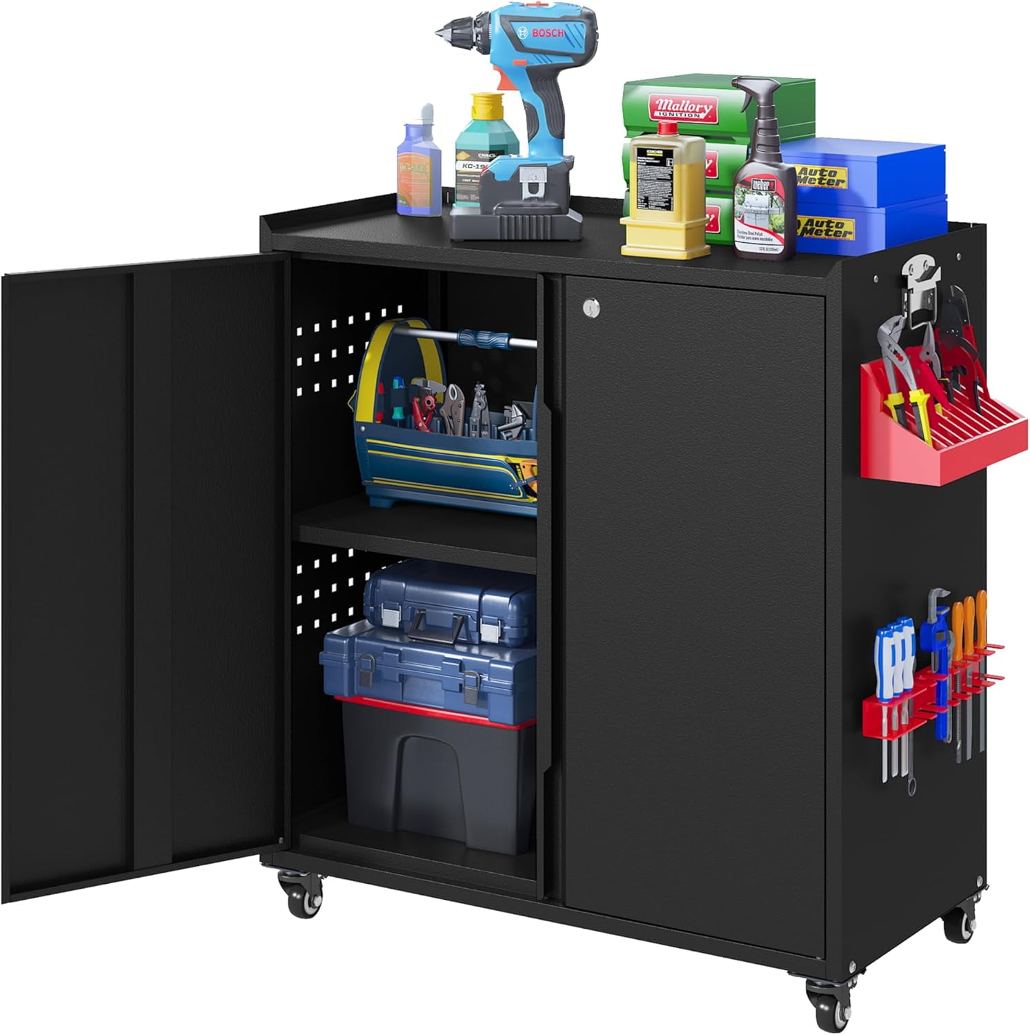 Metal Storage with Wheels,Rolling Tool with Doors and Adjustable Shelves,Heavy