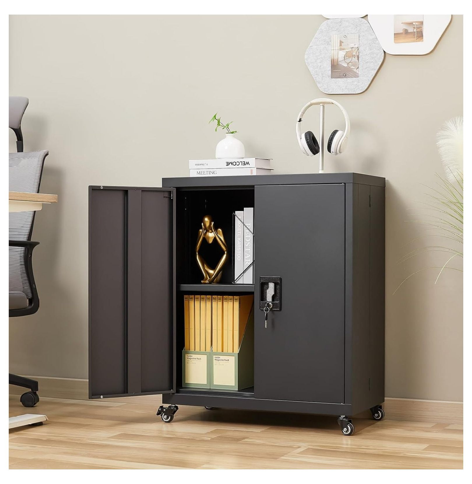 Metal Storage with Wheels,Steel Locking Storage with Doors and Adjustable