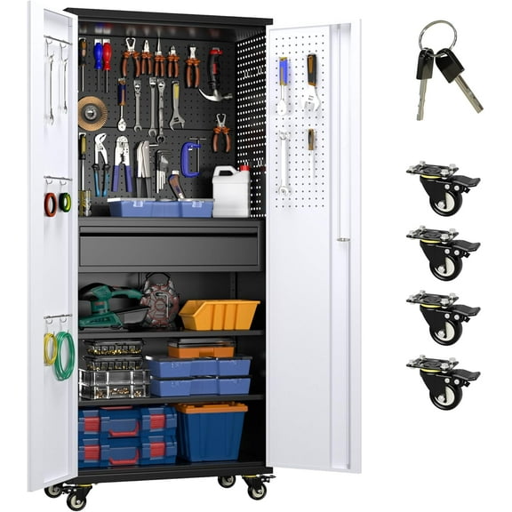 Metal Storage Cabinet with Wheels, Steel Storage Cabinet with 1 Drawer and 2 Adjustable Shelves for Homes, Offices, Kitchens, Schools and Pantries, Black and White