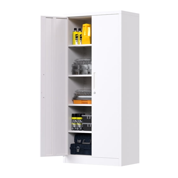 Metal Storage Cabinet, White-black Large Garage Storage Cabinet with 4 Adjustable Shelves and Lockable Doors, 72 inch Tall Storage Cabinet for Office, Workshop, Utility Room