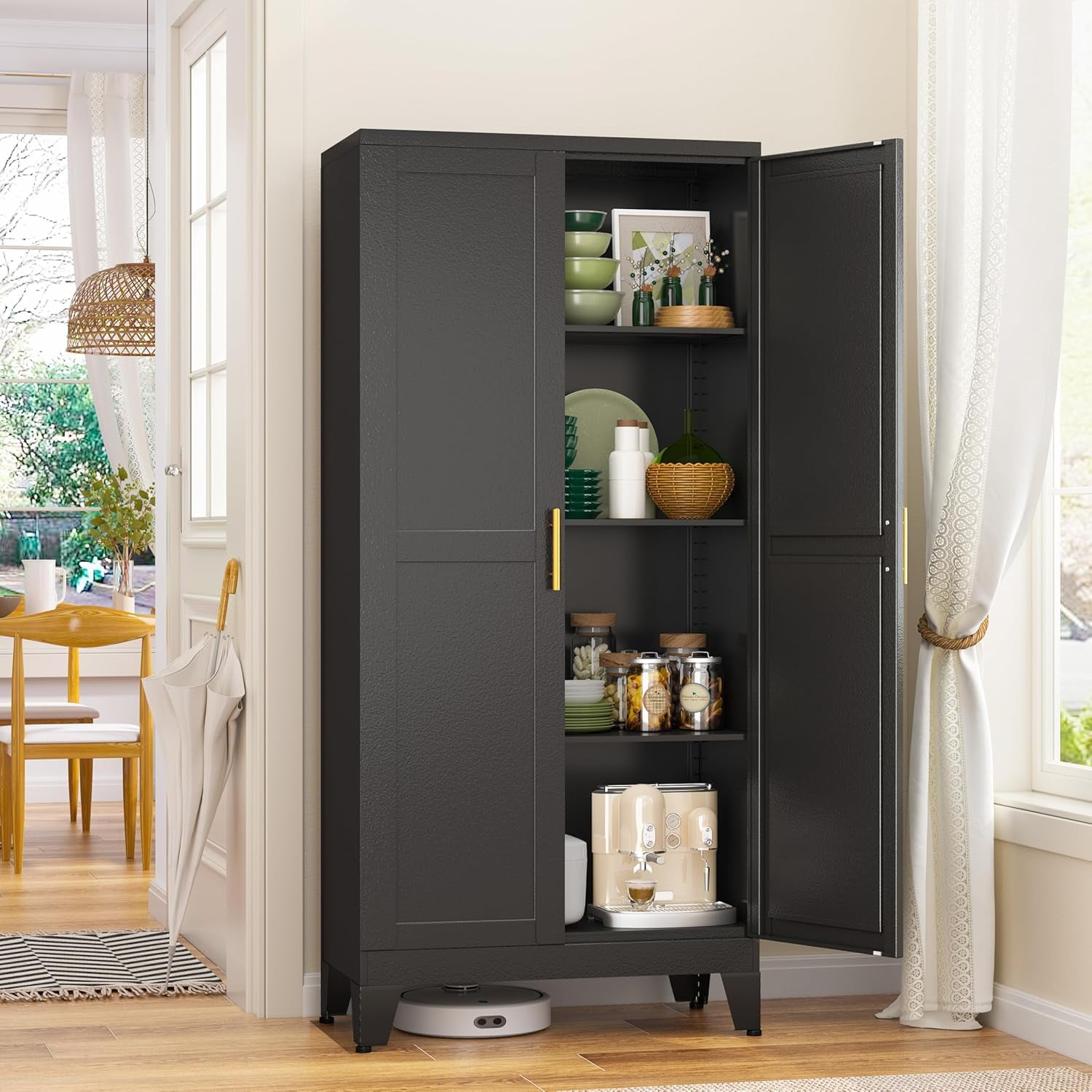 Metal Storage Cabinet With 2 Doors and 3 Adjustable Shelves, Black Kitchen Pantry for Food, Utility Cabinet for Laundry Room, Cupboard