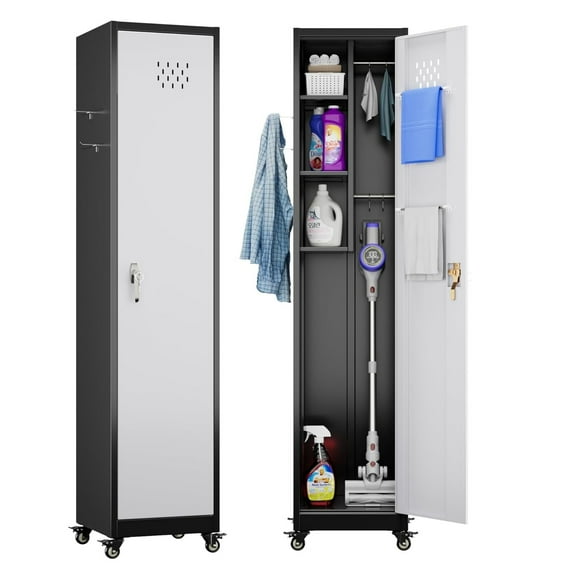 Metal Storage Cabinet on Wheels with Hooks, Broom Mop Organizer for Garage, Black, Assembly Required