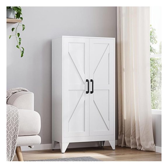 Metal Storage Cabinet with 2 Doors and 3 Adjustable Shelves - 47" White Kitchen Pantry Storage Cabinet Locker for Kitchen,Living Room,Dining Room