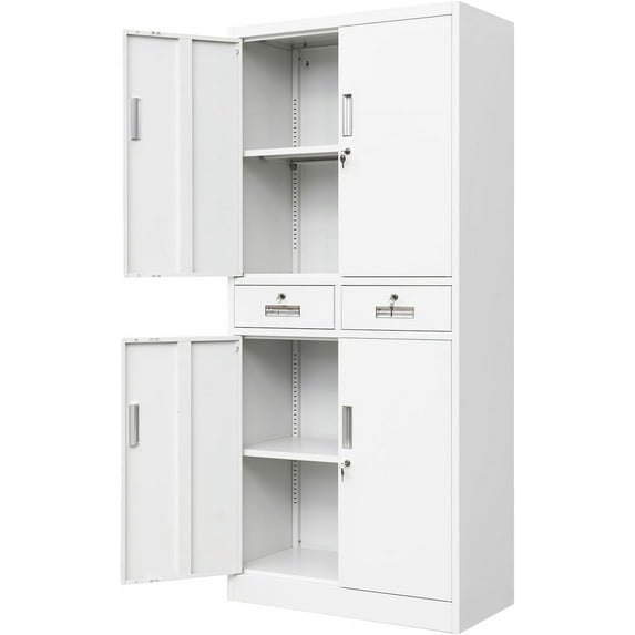 Metal Storage Cabinet with Adjustable Shelves and Drawers, Locking Pantry Storage Cabinet for Office, Garage, Home, School, Utility (White)