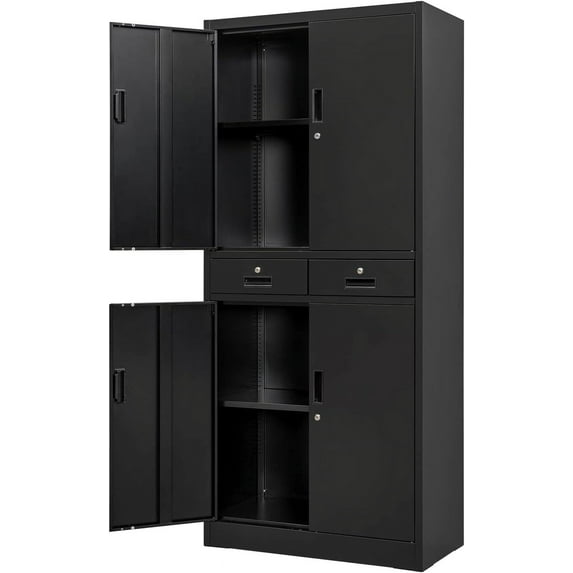 Metal Storage Cabinet with Adjustable Shelves and Drawers, Locking Steel Storage Cabinet for Pantry, Office, Garage, Home, School, Utility (Black)