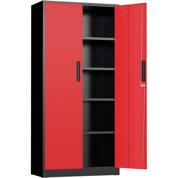 Metal Storage Cabinet with Doors, Shelves and Lock, Black Lockable Steel Supply Cabinet for Home Office, Garage, Warehouse, Black and Red