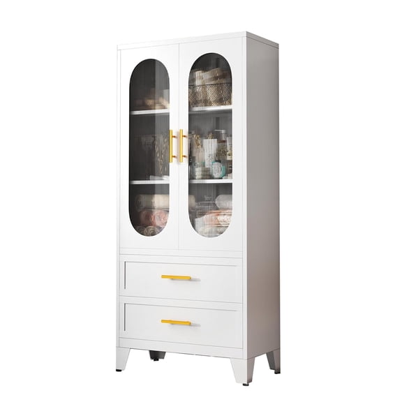 Metal Storage Cabinet with Glass Doors - Adjustable Shelves, White Finish for Kitchen & Office