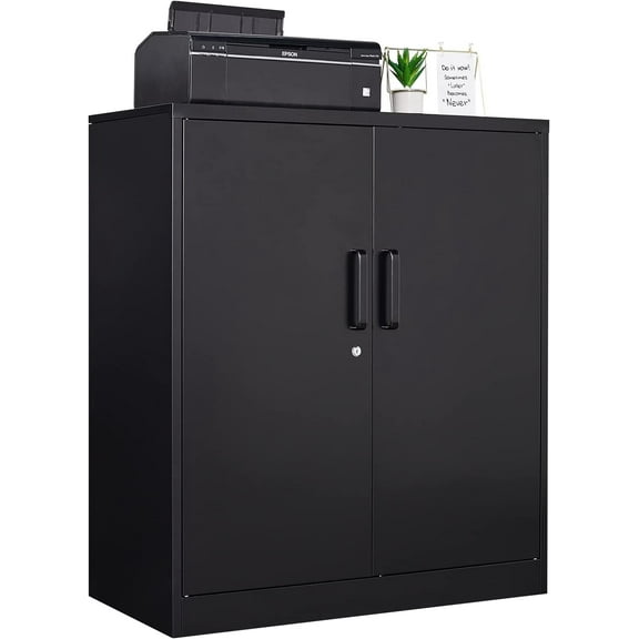 Metal Storage Cabinet with Lock, 36" Small Steel Locker Storage Cabinets, 2 Adjustable Shelves 2 Doors for Home, Office, Garage and Kitchen (Black)
