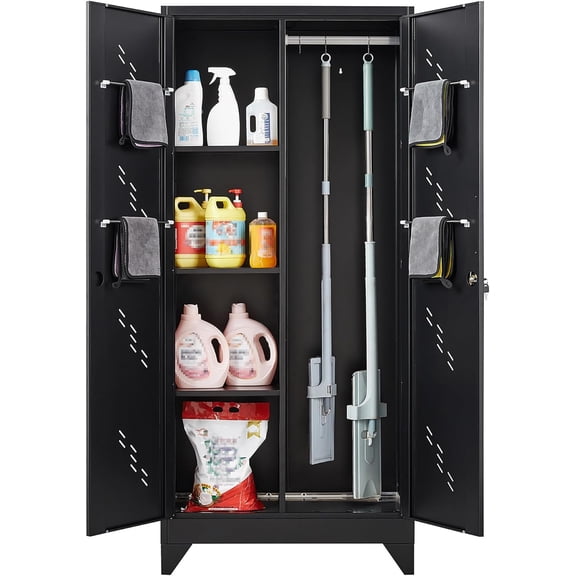 Metal Storage Cabinet with Lock, 71" Garage Storage Cabinets with Hanging Rod & S-Hooks, Large Storage Cabinet, Locking Tool Utility Closet, Black