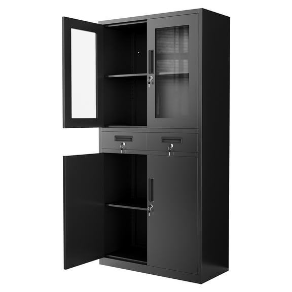 Metal Storage Cabinet with Lock, Locking Storage Cabinet with 2 Drawers and 2 Adjustable Shelves, for Home, Office, School, Garage, Black