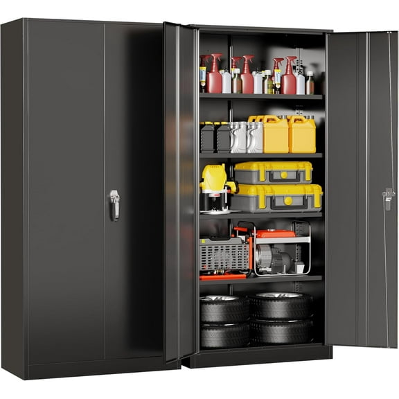 Metal Storage Cabinet with Lock, Tall Garage Storage Cabinet with Doors and Adjustable Shelves, Steel Locking Cabinets for Office, Home, Garage, Gym