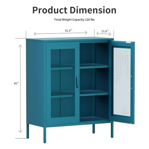 Metal Storage Cabinet with Mesh Doors,Steel Display Cabinet with Adjustable Shelves,Metal Office Storage Locker for Home Office,Garage(Blue, 40''H)