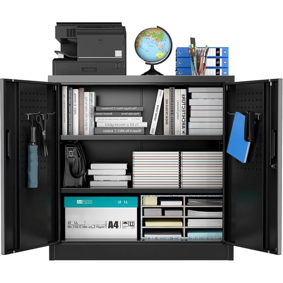 Metal Storage Cabinet with Pegboard, Lockable Rolling Steel Cabinet with 2 Adjustable Shelves & Door for Garage, Office, Kitchen, Black