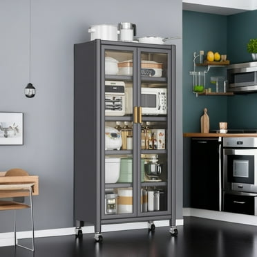 Metal Storage Cabinet with Wheel, Curio Display Cabinet with Tempered Glass Door, Kitchen Storage Cabinets Tall Bookcase for Living Room, Kitchen