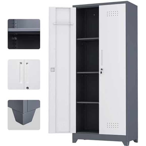 Metal Storage Cabinets,Garage Tool Storage Cabinets with Hanging Rod,Locking Broom Closet Cabinet,Utility Closet with Doors for Home Office,Basement,Gyms,Grey-White$$Tools