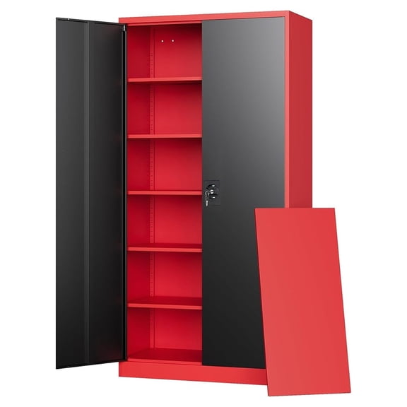 Metal Storage Cabinets with Lock, 71" Tall Locker Organizer Steel Cabinets, Adjustable Shelves 2 Doors for Home, Office, Warehouse,Garage,Industrial,Employee Lockers (Style B, Black Red)