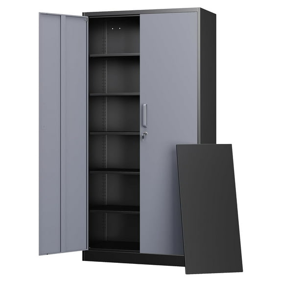 Metal Storage Cabinets with Lock Door and 5 Adjustable Shelves, Steel Garage Tool Organization Cabinets for Home,Utility Room, Warehouse,Lockers(71"-Black Gray)