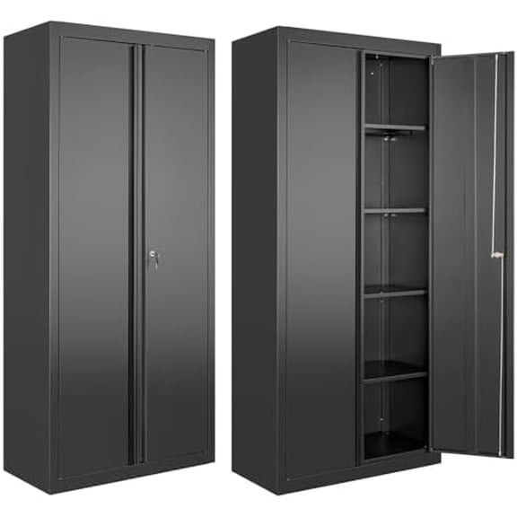 Metal Storage Cabinets with Lock Doors,Tall Locker Organizer Steel Garage Cabinets,Tool Cabinets with 4 Adjustable Layers Shelves for Home,Office,Warehouse,Industrial(Black)$$Tools