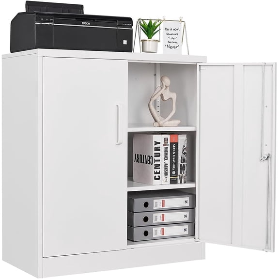 Metal Storage Cabinets with Locking Doors, 36 inch Lockable Steel Office Cabinet with Adjustable Shelves, Small Short Garage Caninet, White Locked Tool Caninets for Home, Office, Garage, Hallway