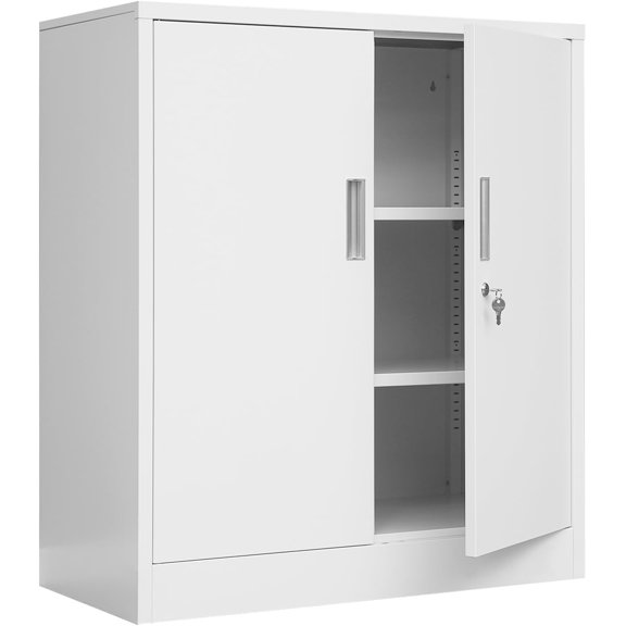 Metal Storage Cabinets with Shelves and Doors, Steel Locking Storage Cabinet for Kitchen, Entryway, Living Room, Home Office, Garage, Utility Room and Basement, 36.2" H x 31.5" W x 15.7" D (White)