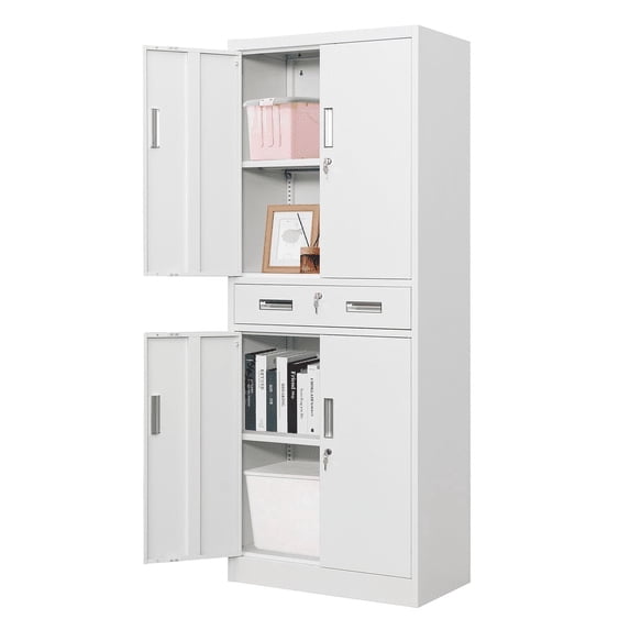 CJFHJ Tall Metal Storage Cabinet with Drawer, Adjustable Shelves, Locking - White