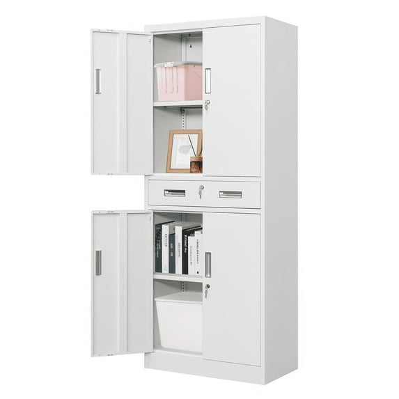 Metal Storage Cabinets with 1 Drawer and Adjustable Shelves, Locking Storage Cabinet for Pantry Kitchen Home Office Garage Living Dining Room (White)