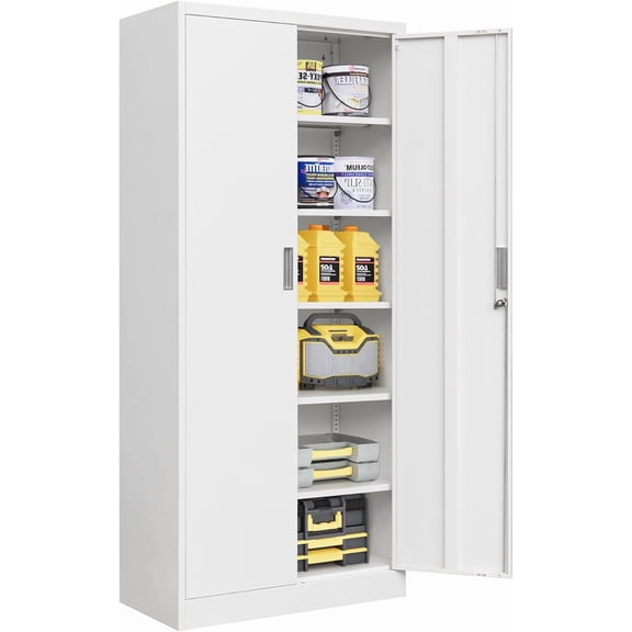 CJF Metal Storage Cabinets with 5 Adjustable Shelves, 71" H Locking Storage Cabinet for Garage, Office, School - White