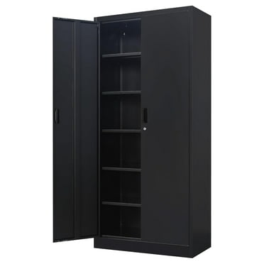Metal Storage Cabinets with Locking Doors and 5 Adjustable Shelves, Steel Storage Cabinet for Garage, Office, Classroom - Black