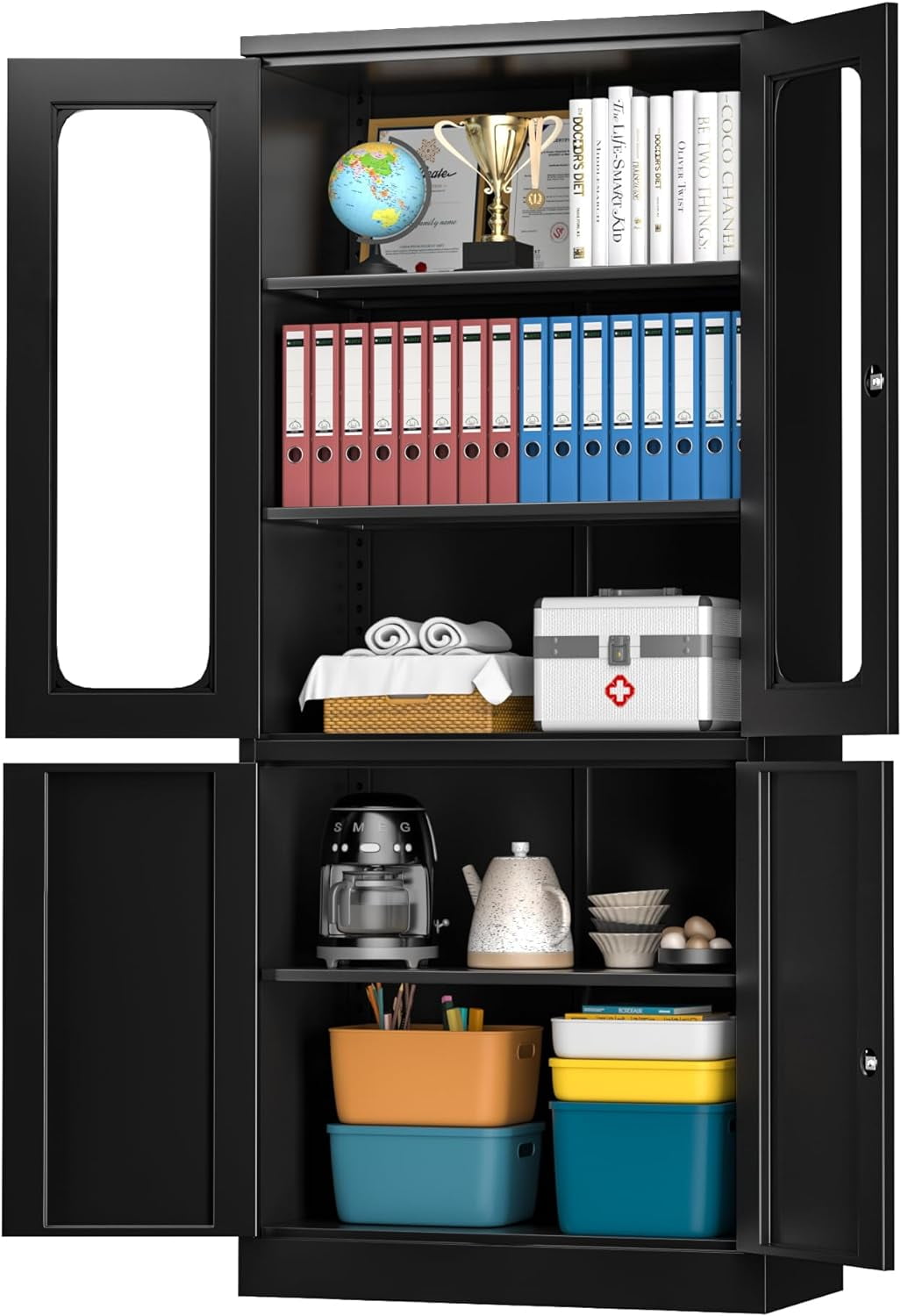 Black 72'' Tall Metal Storage with Locking Glass Doors