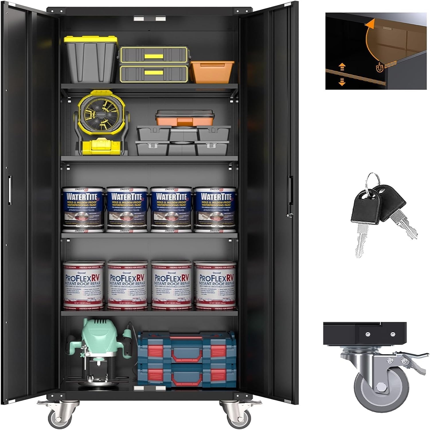 Metal Storage Cabinets with Wheels - Lockable Steel Small Storage