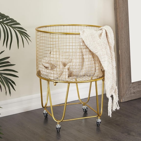 Metal Storage Cart Deep Set Metal Mesh Laundry Basket with Wheels, 16L x 16W x 24.95H, Gold