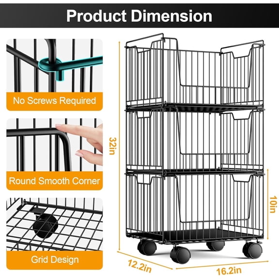 Metal Storage Carts with Wheels, 3 Tier Rolling Cart Organizer, Stackable Pantry Storage Cart, Fruit and Vegetable Storage Basket, Metal Wire Storage Baskets for Kitchen Vegetable Storages Rack