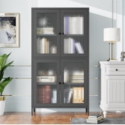 Metal Storage Display Cabinet with 4 Glass Doors, Waffle Grid Tempered Glass Bookcase Side Cabinet, Freestanding Steel Storage Cabinet for Living Room, Office, Kitchen, Black