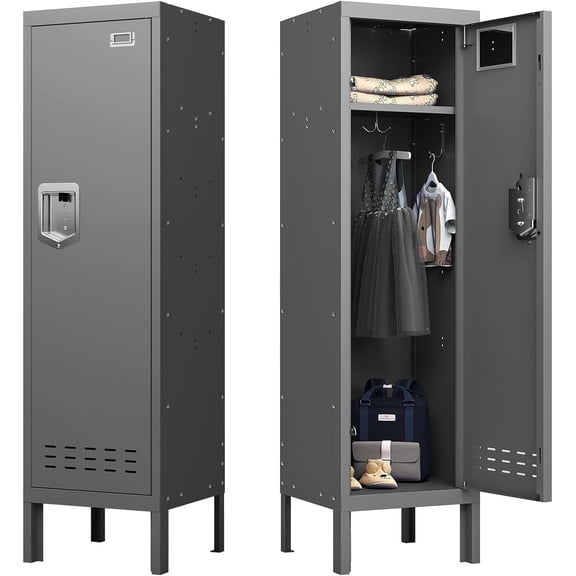 Metal Storage Locker with Lock & Card Slot Locker - Secure Lockable Door - Steel Locker for School, Office, Gym, Home - 54" H x 15" W x 15" D（1 Door, Grey）