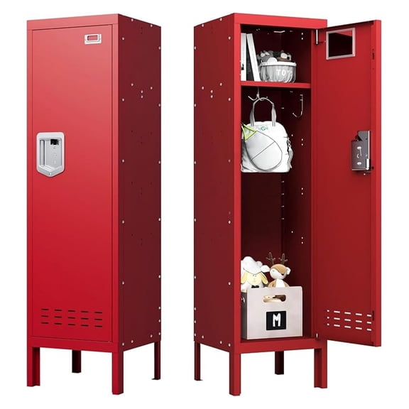 Metal Storage Locker with Lock & Card Slot Locker - Secure Lockable Door - Steel Locker for School, Office, Gym, Home - 54" H x 15" W x 15" D1 Door, Red